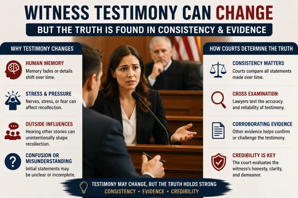 Courtroom infographic explaining why witness testimony can change in injury trials