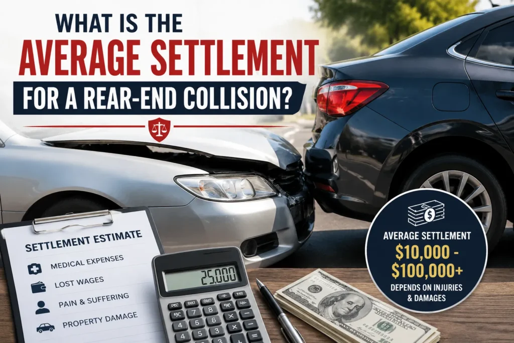 Two vehicles involved in a rear-end collision with settlement estimate documents, calculator, and legal compensation elements illustrating average rear-end accident settlement amounts.