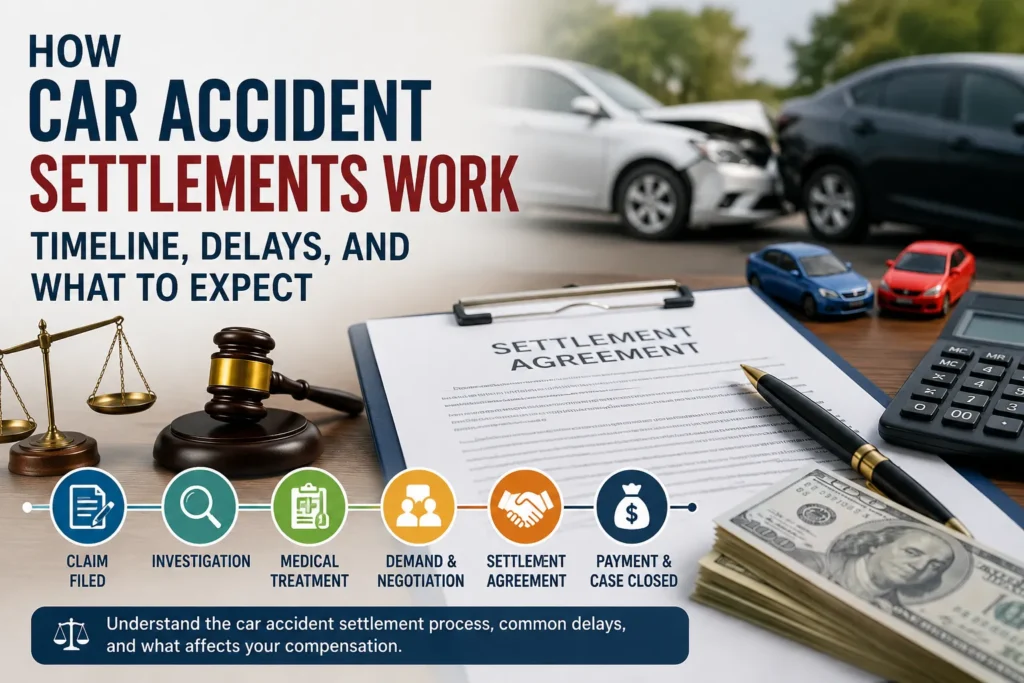 Car accident settlement process showing claim filing, investigation, medical treatment, negotiation, and final compensation timeline