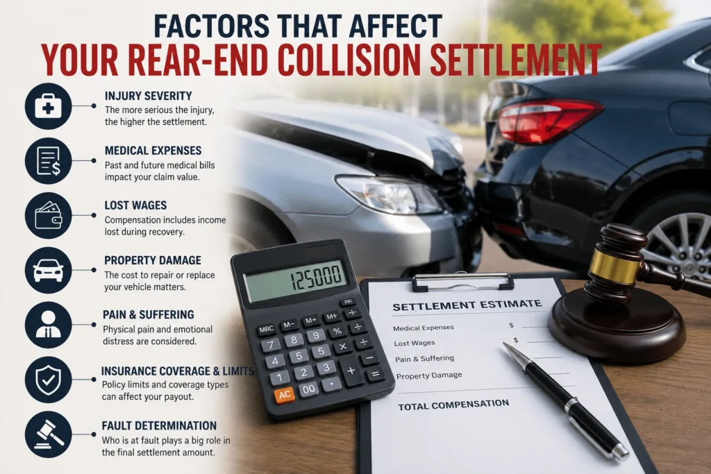 Visual guide outlining the main factors that influence rear-end accident settlement amounts, including injuries, medical costs, lost income, and insurance limits.