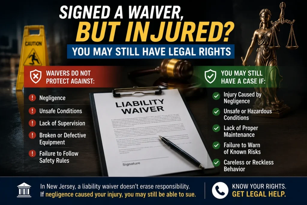 Signed a liability waiver but injured in New Jersey infographic explaining negligence exceptions and legal rights after signing a waiver