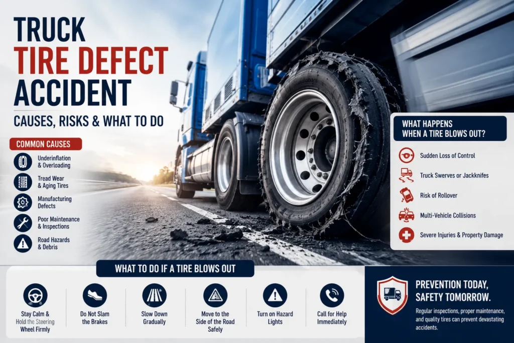 explaining truck tire defect accidents, common causes, risks, blowout consequences, and safety steps after tire failure.