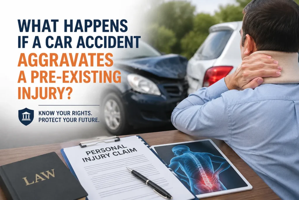Person with a neck injury after a car accident illustrating a car accident aggravated pre-existing condition settlement and personal injury claim.