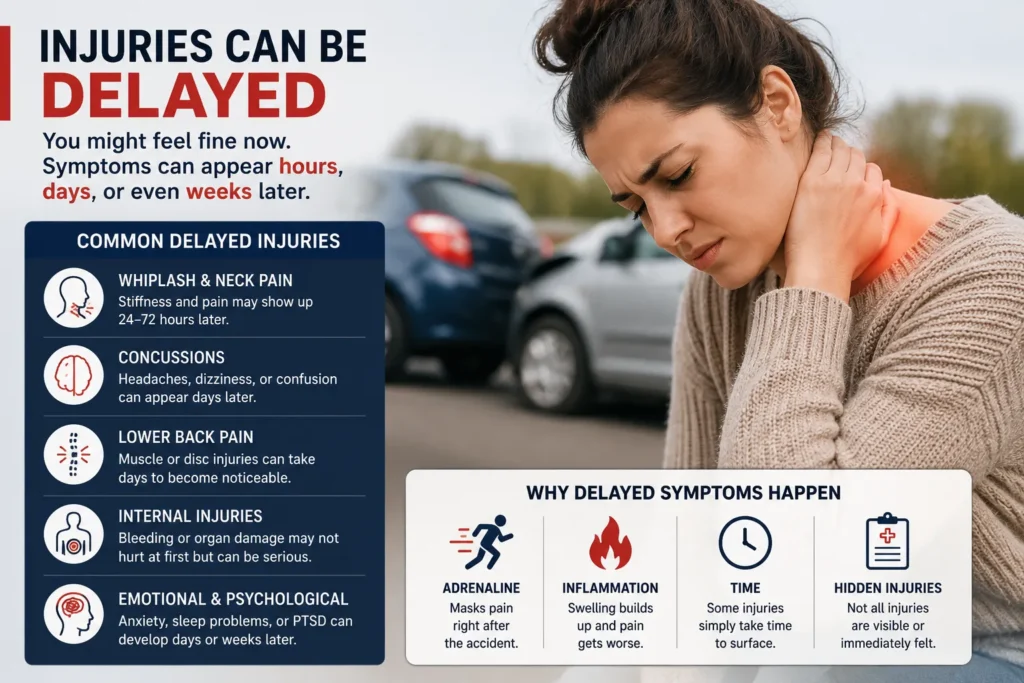 common delayed car accident injuries, including whiplash, concussion, back pain, internal injuries, and delayed symptoms